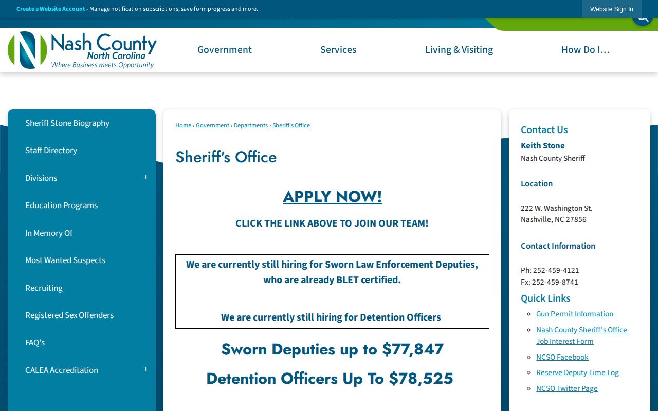 Nash County Sheriff's Office arrest record contact page