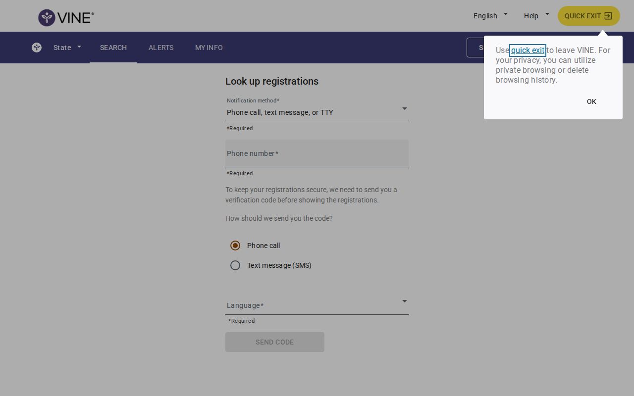 VINELink matched-person registration and notification controls