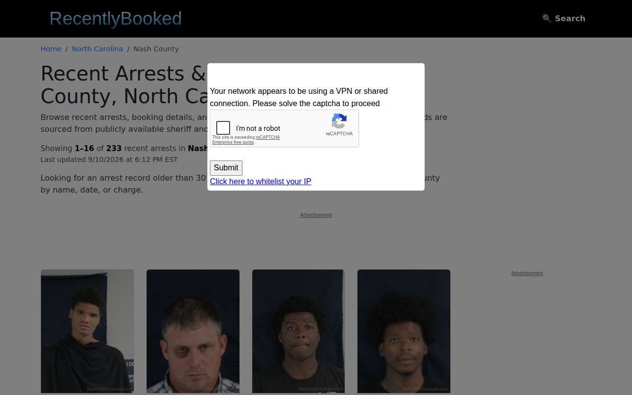 RecentlyBooked Nash County private booking index and disclaimer