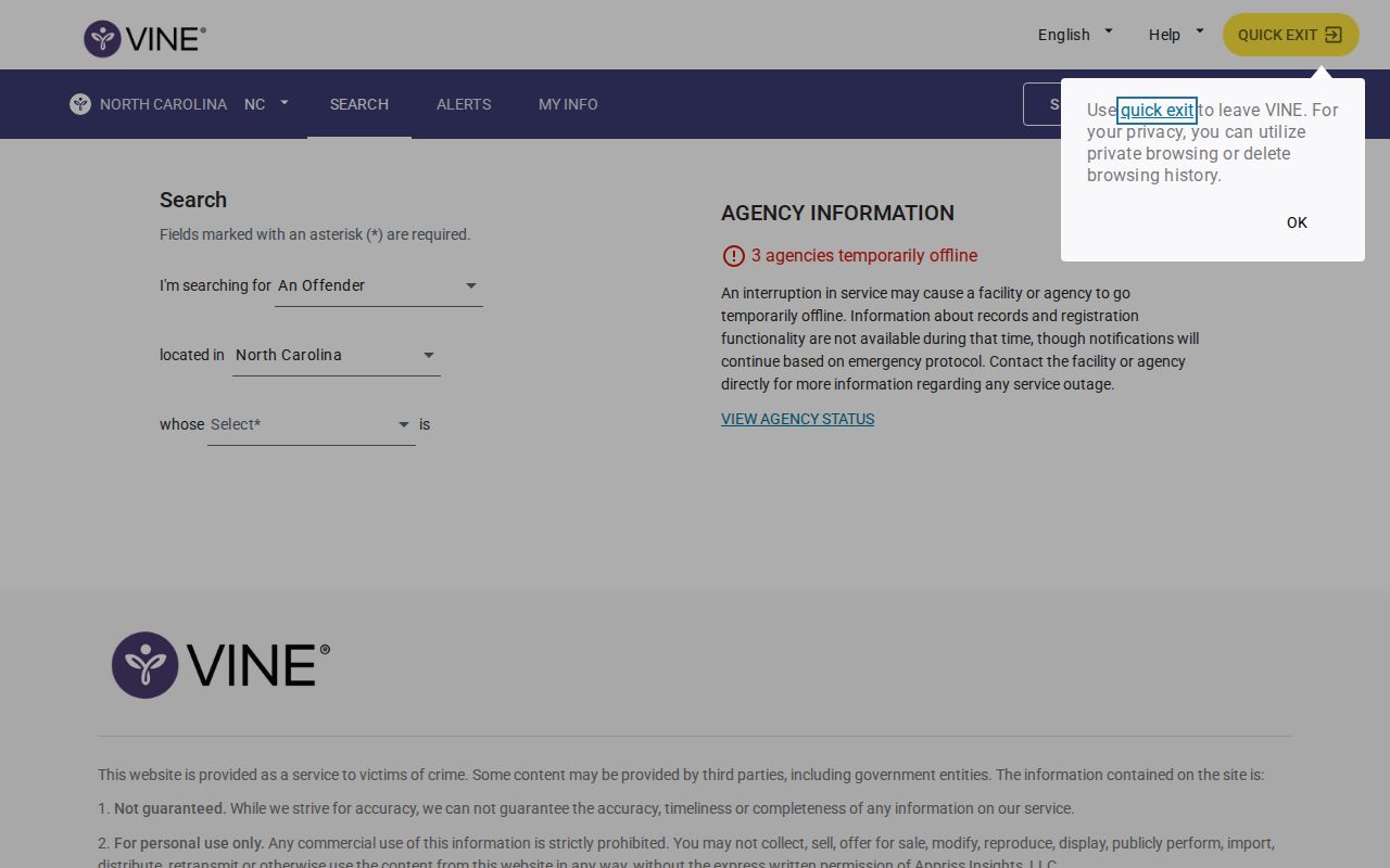 VINELink North Carolina person search with state and county controls