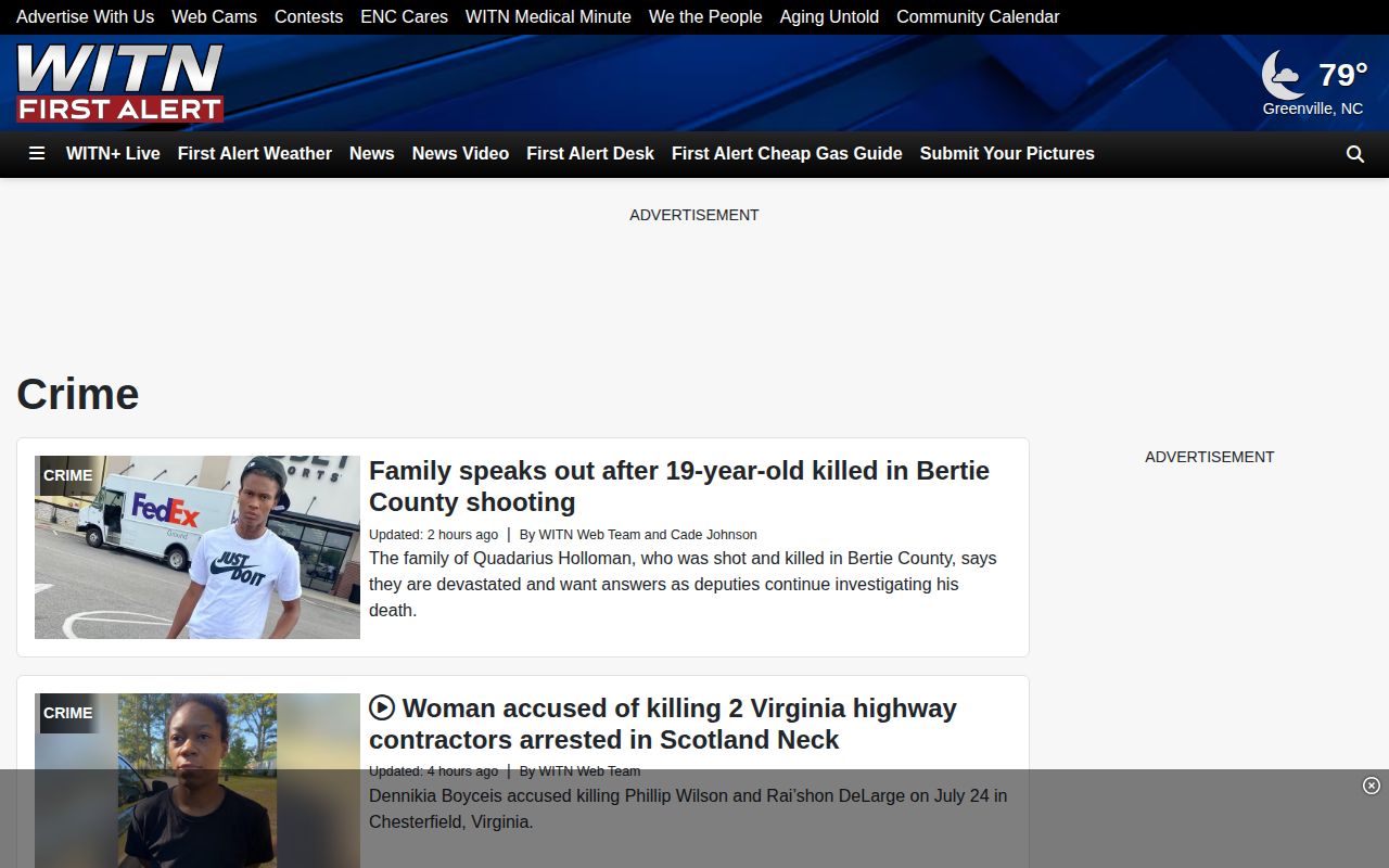 WITN crime news section with selective regional arrest coverage