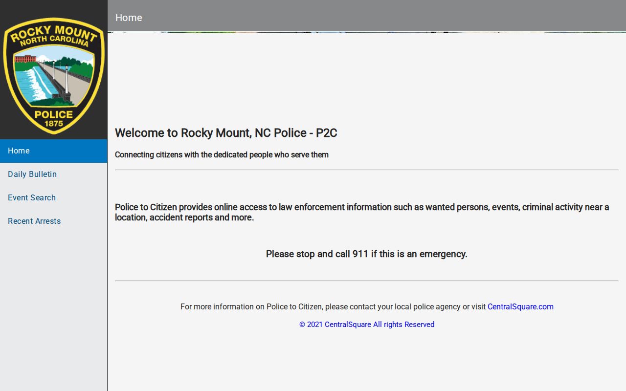 Rocky Mount Police recent arrest and event bulletin interface